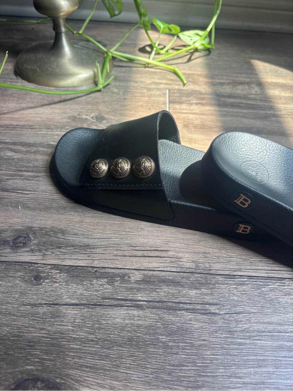 Balmain Black Symi Slide Sandal with Gold Medallions - Picture 9 of 10